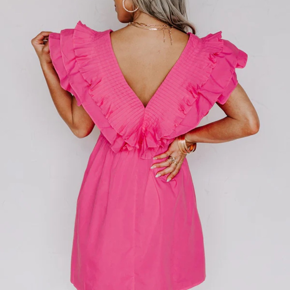Pink Ruffled V-Neck Women's Dress - Picture 3 of 3